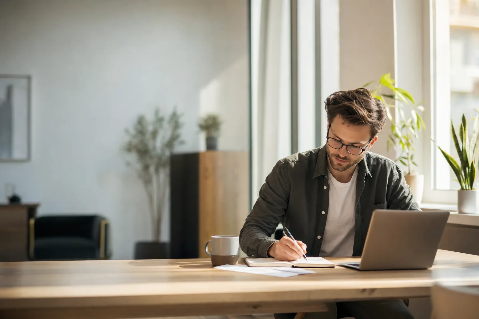 A calm, modern workspace with someone working quietly beside a large window