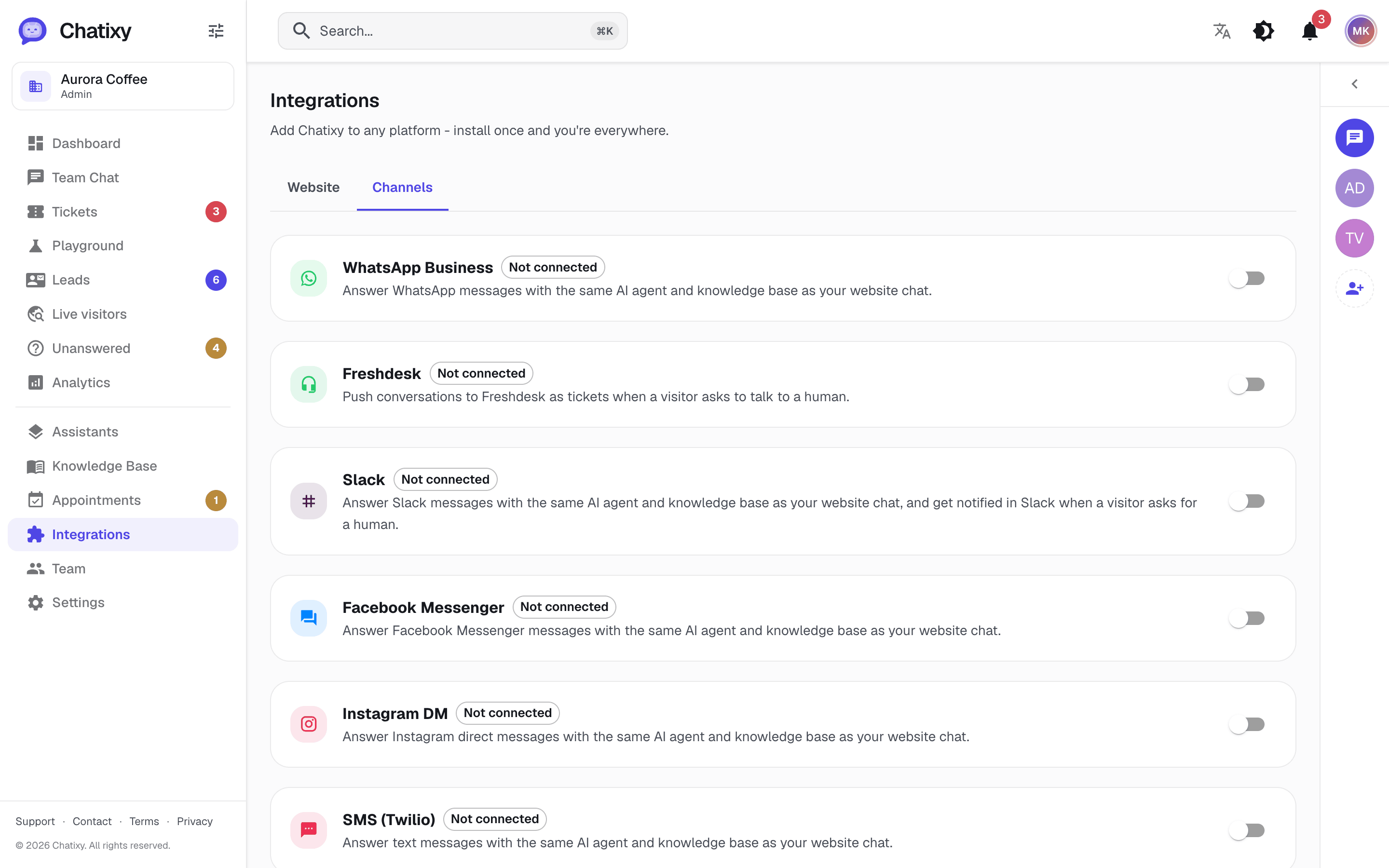 The Chatixy channels page for connecting Slack, WhatsApp, Messenger, Instagram, SMS and email