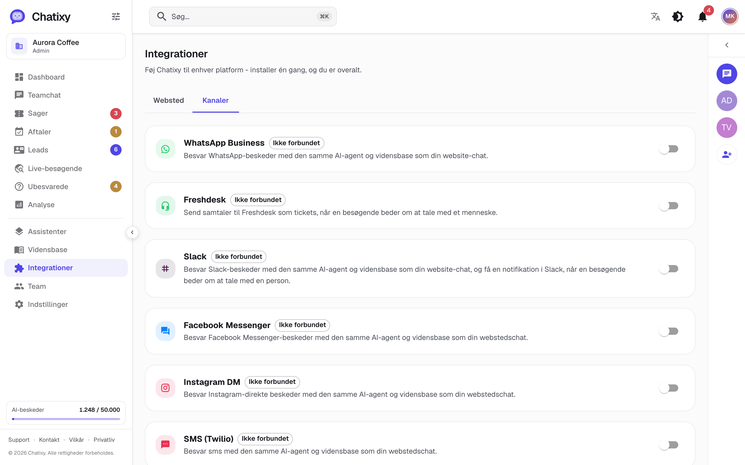 Chatixy-kanalside til at forbinde Slack, WhatsApp, Messenger, Instagram, SMS og e-mail
