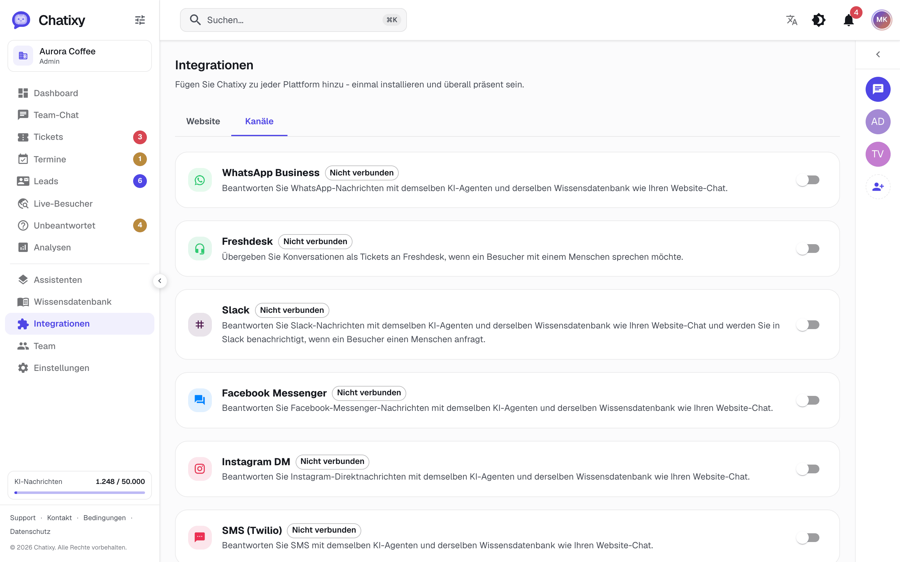 Die Chatixy-Kanalseite zum Verbinden von Slack, WhatsApp, Messenger, Instagram, SMS und E-Mail