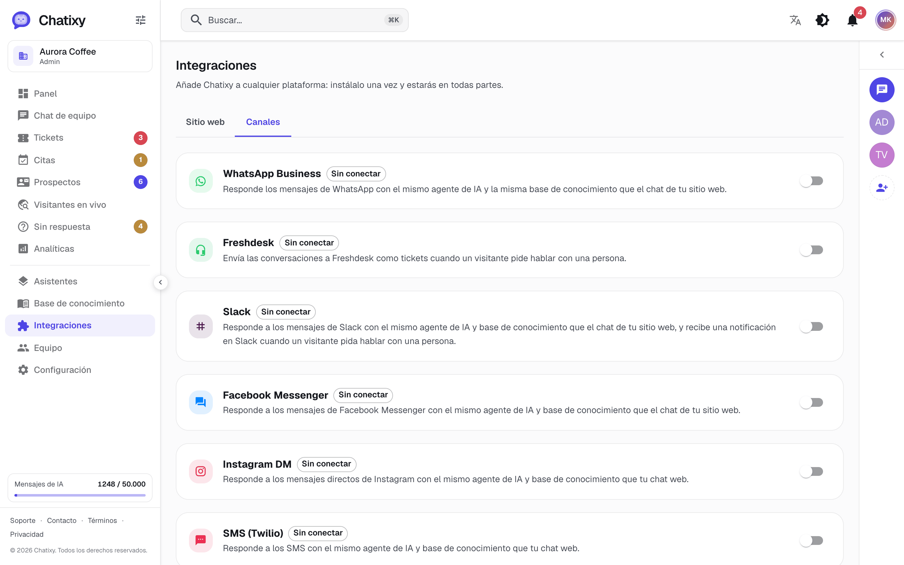 La página de canales de Chatixy para conectar Slack, WhatsApp, Messenger, Instagram, SMS y correo electrónico