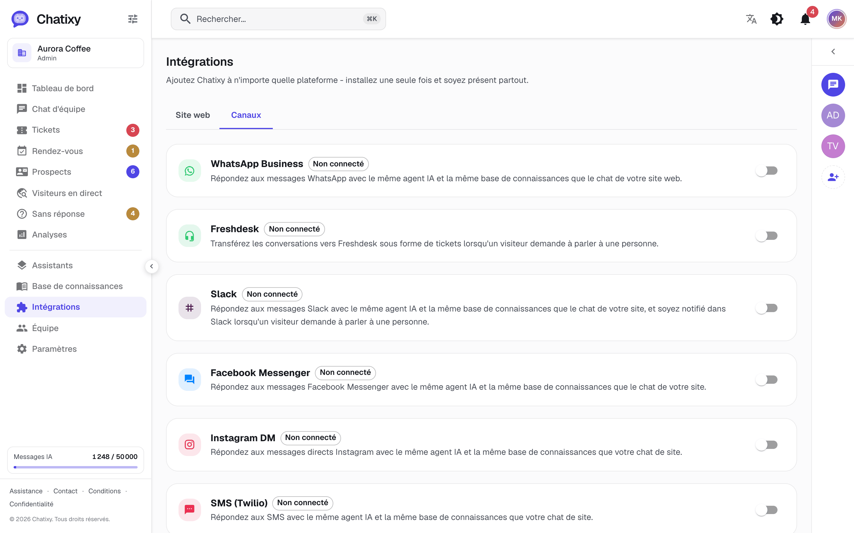 La page des canaux Chatixy pour connecter Slack, WhatsApp, Messenger, Instagram, SMS et email