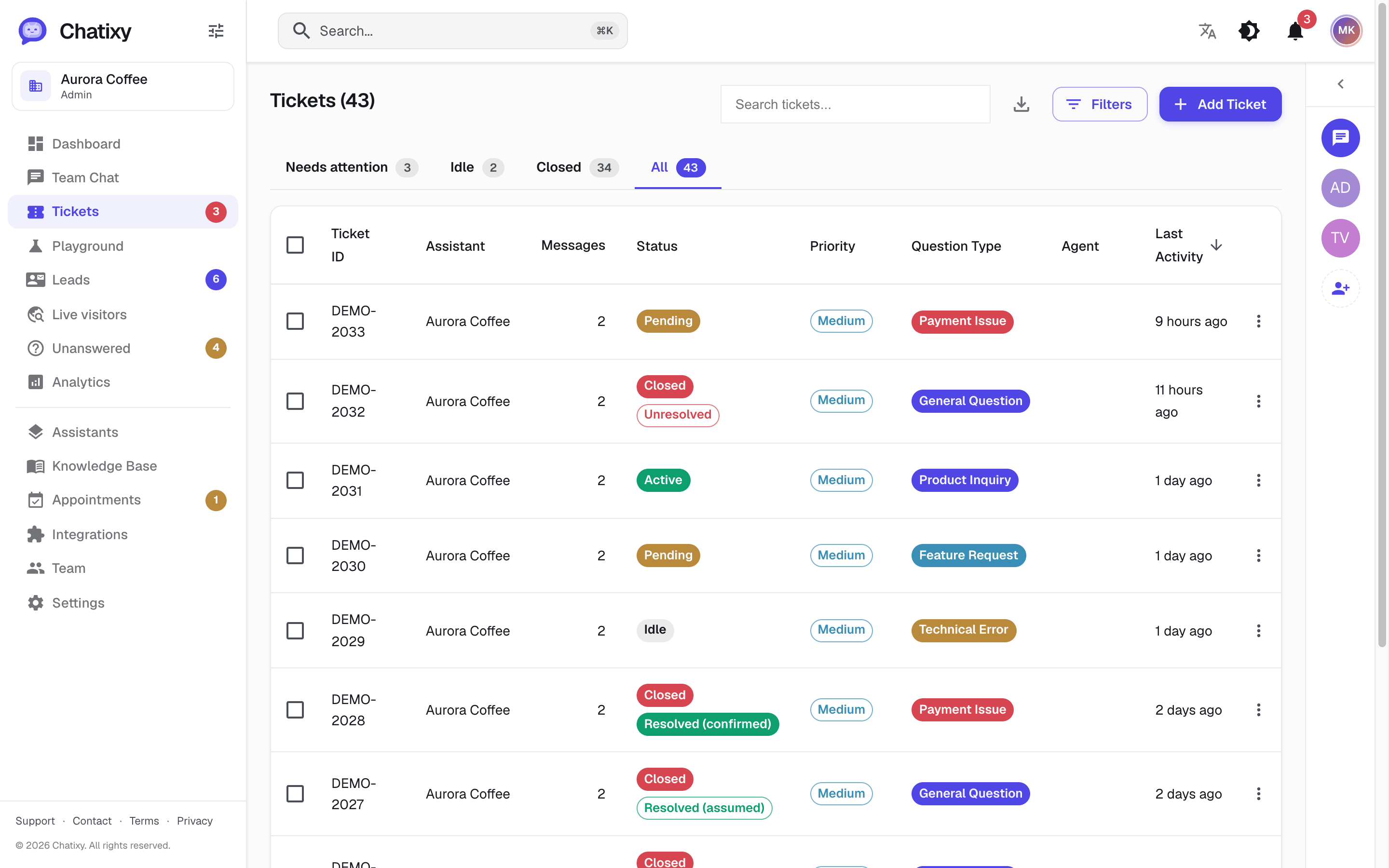 The Chatixy inbox showing live conversations with statuses, priorities and assignees