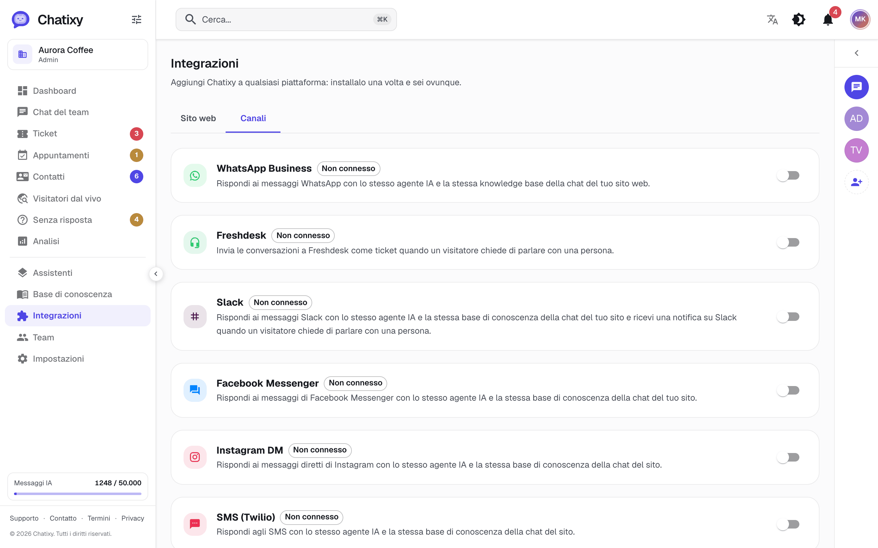 La pagina dei canali di Chatixy per connettere Slack, WhatsApp, Messenger, Instagram, SMS ed email