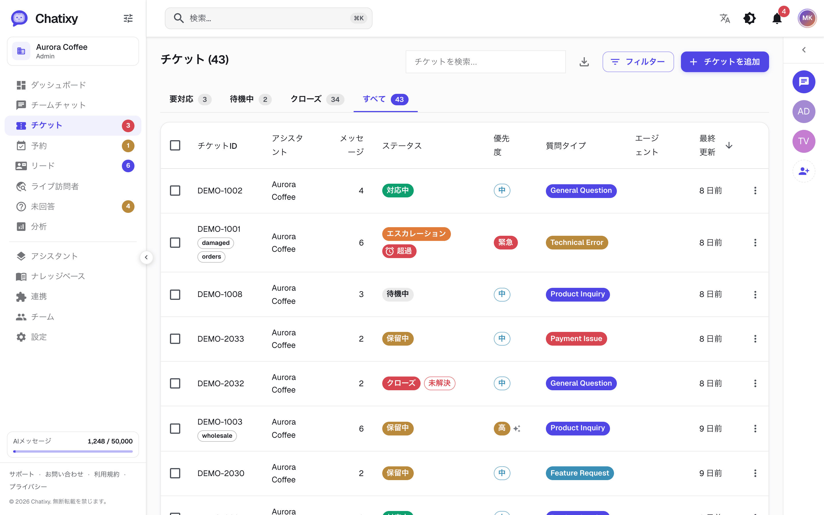 Chatixyの受信箱に表示されたライブ会話、ステータス、優先度、担当者