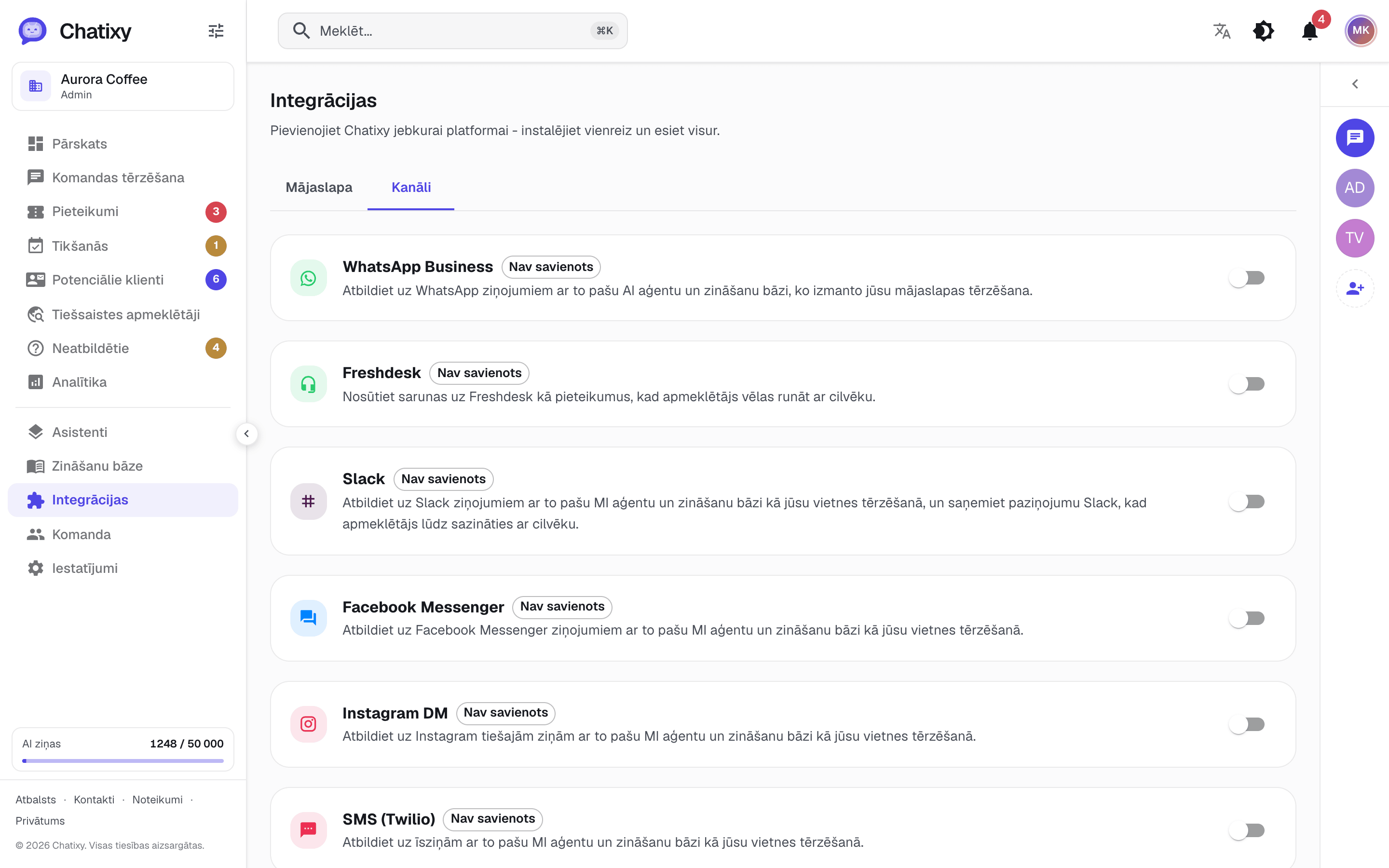 Chatixy kanālu lapa, lai pieslēgtu Slack, WhatsApp, Messenger, Instagram, SMS un e-pastu