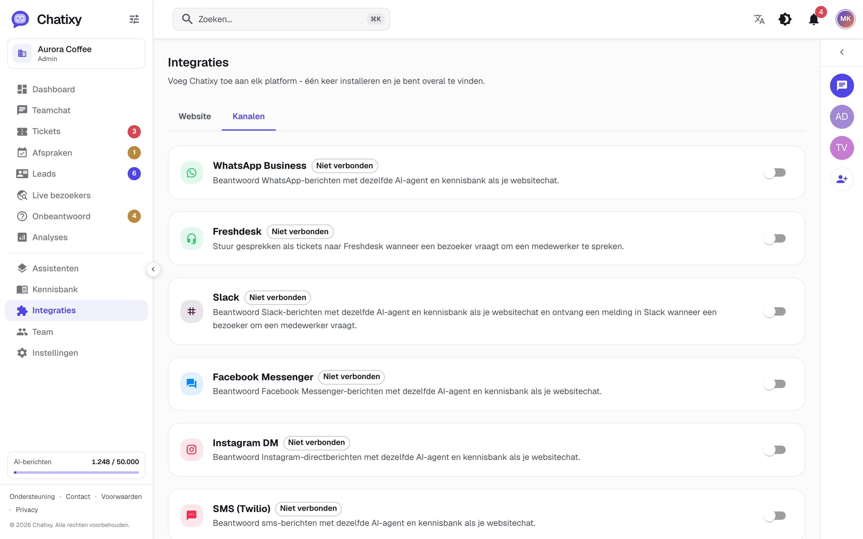 De Chatixy-kanalenpagina voor het verbinden van Slack, WhatsApp, Messenger, Instagram, SMS en e-mail