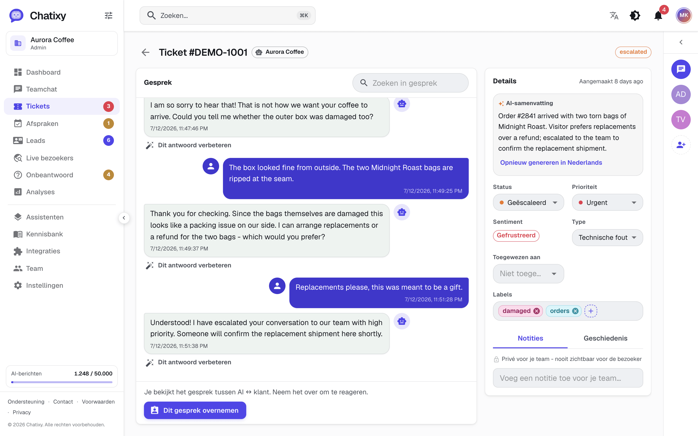 Een gesprek in Chatixy overgedragen van de AI naar een menselijke agent, met de volledige geschiedenis