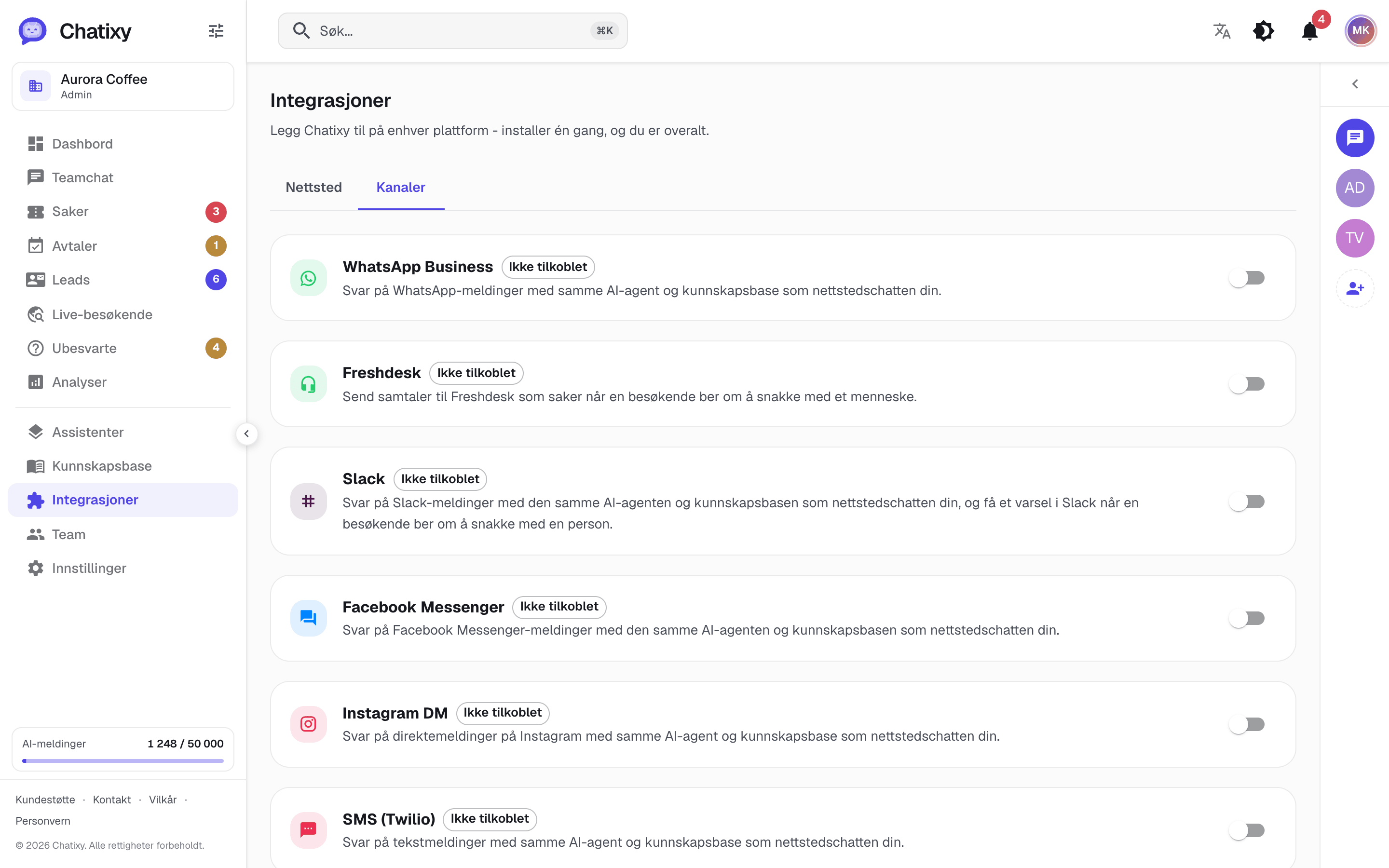 Chatixy kanalside for å koble til Slack, WhatsApp, Messenger, Instagram, SMS og e-post