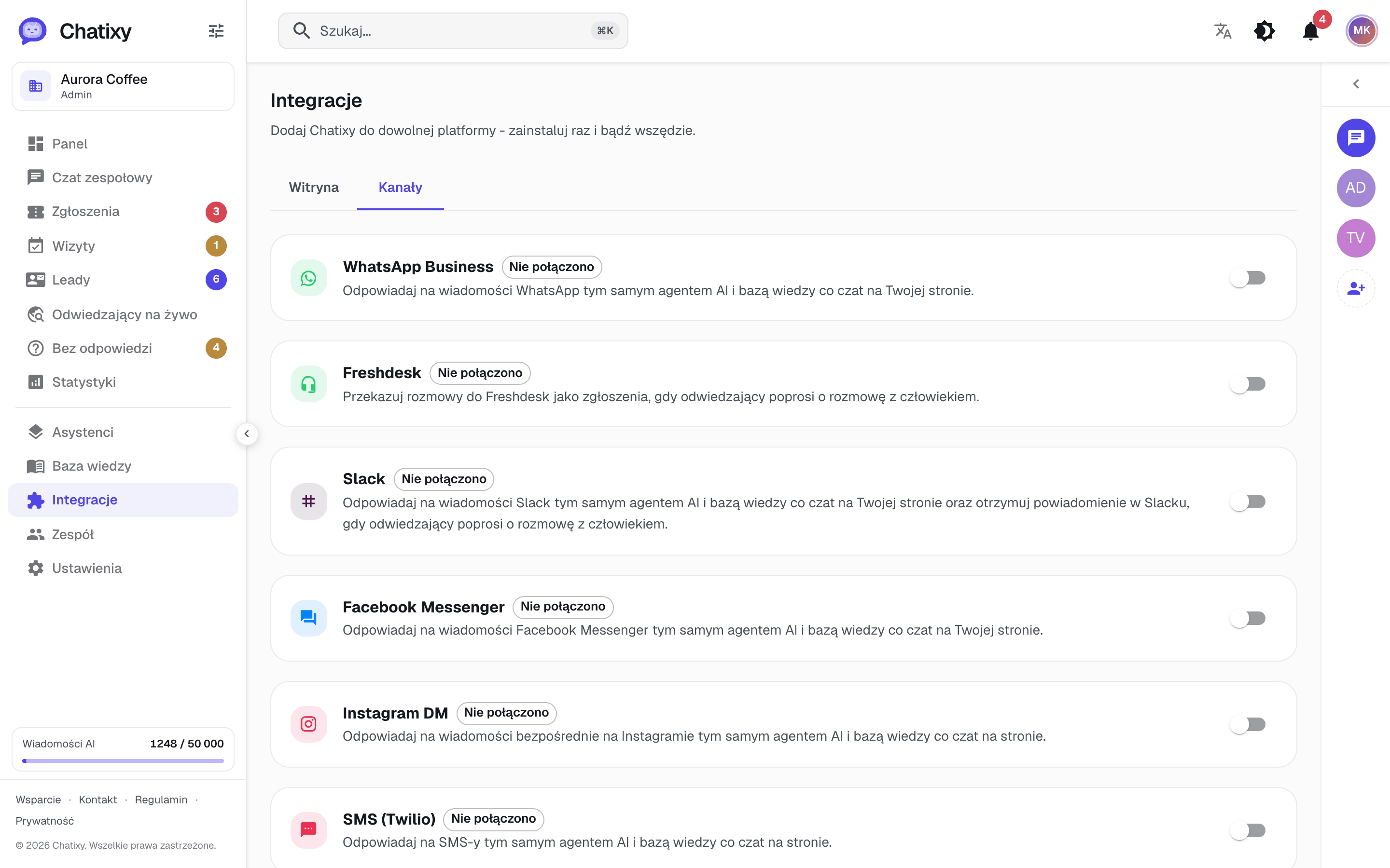 Strona kanałów Chatixy do łączenia Slack, WhatsApp, Messenger, Instagram, SMS i e-mail
