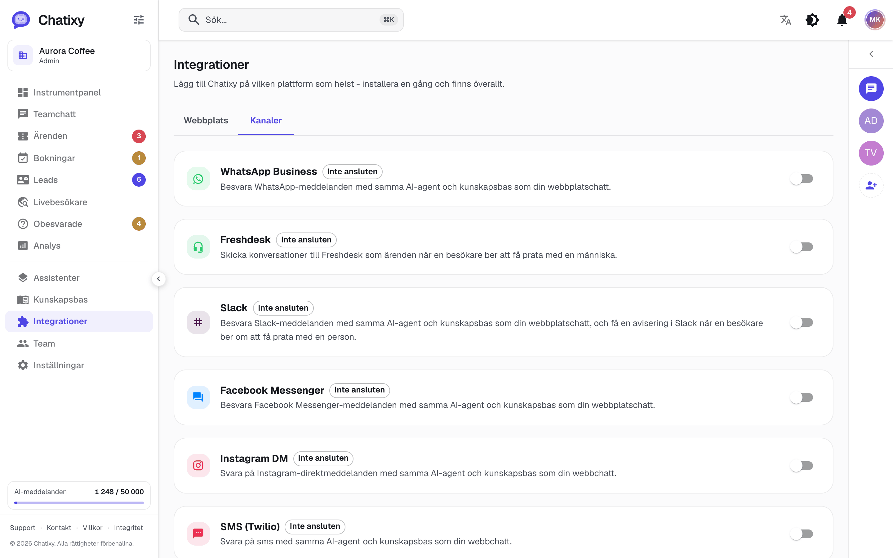 Chatixy-kanalsidan för att ansluta Slack, WhatsApp, Messenger, Instagram, SMS och e-post