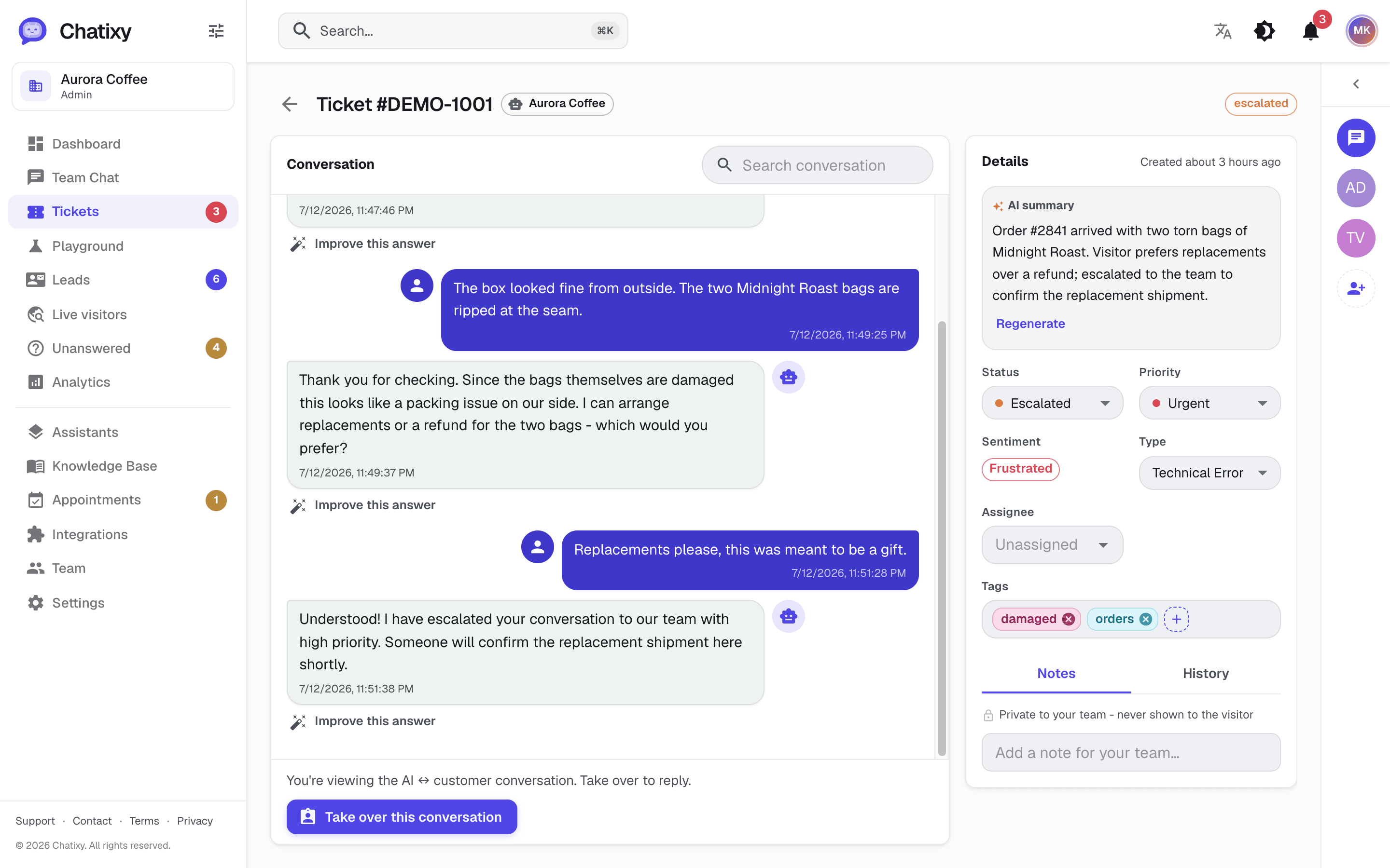 A conversation in Chatixy handed off from the AI to a human agent, with the full history
