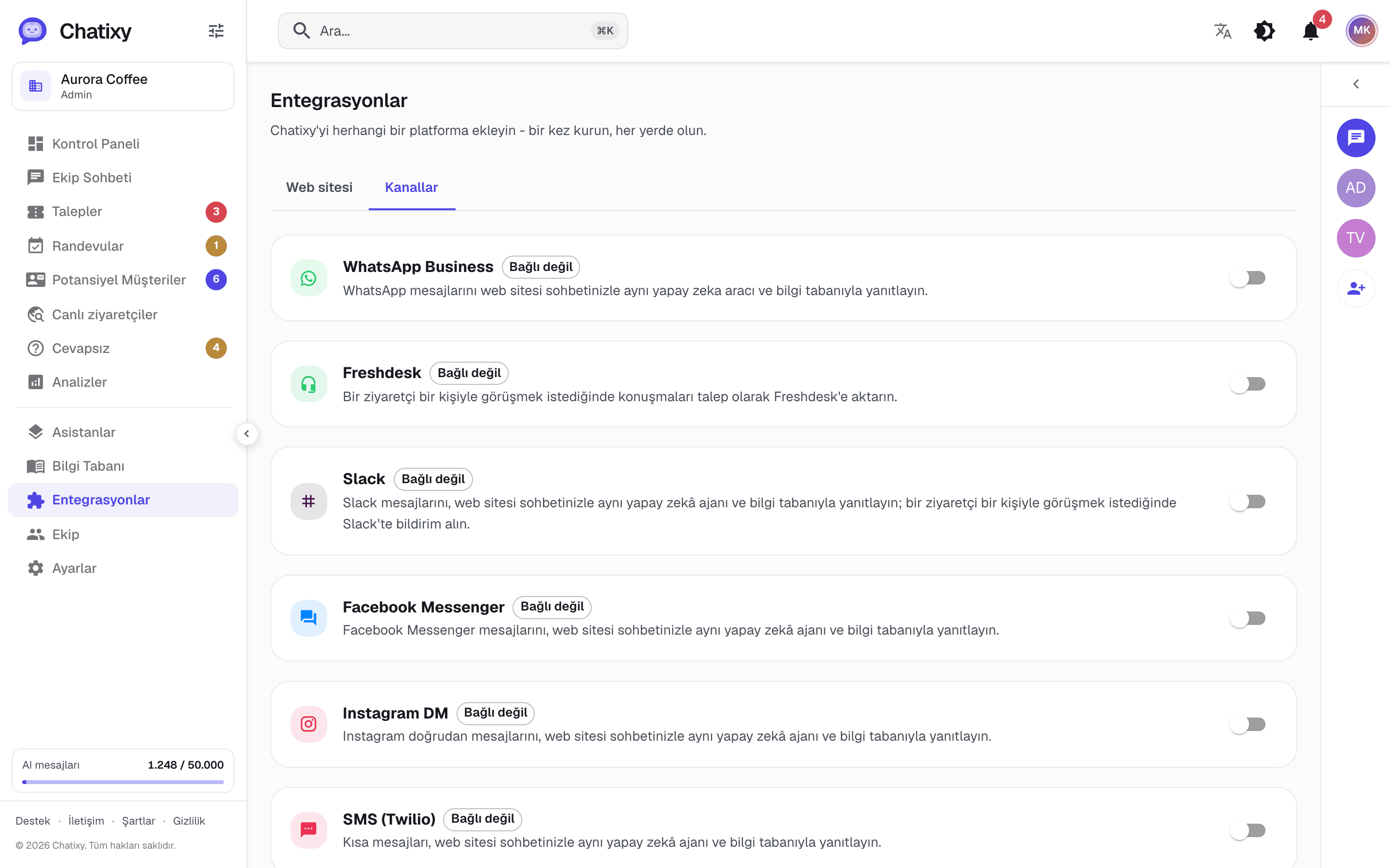Slack, WhatsApp, Messenger, Instagram, SMS ve e-posta bağlamak için Chatixy kanallar sayfası