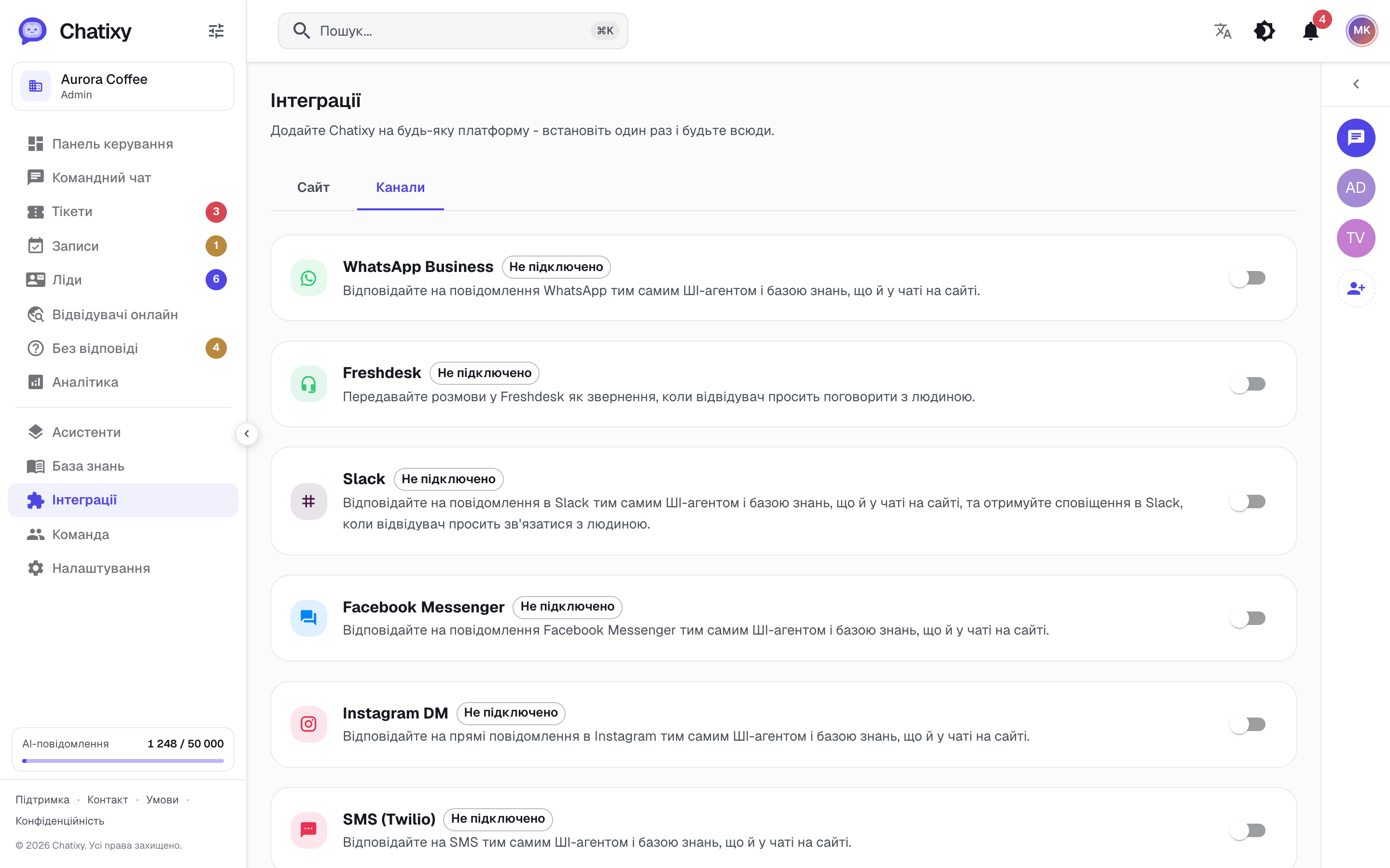 Сторінка каналів Chatixy для підключення Slack, WhatsApp, Messenger, Instagram, SMS та email