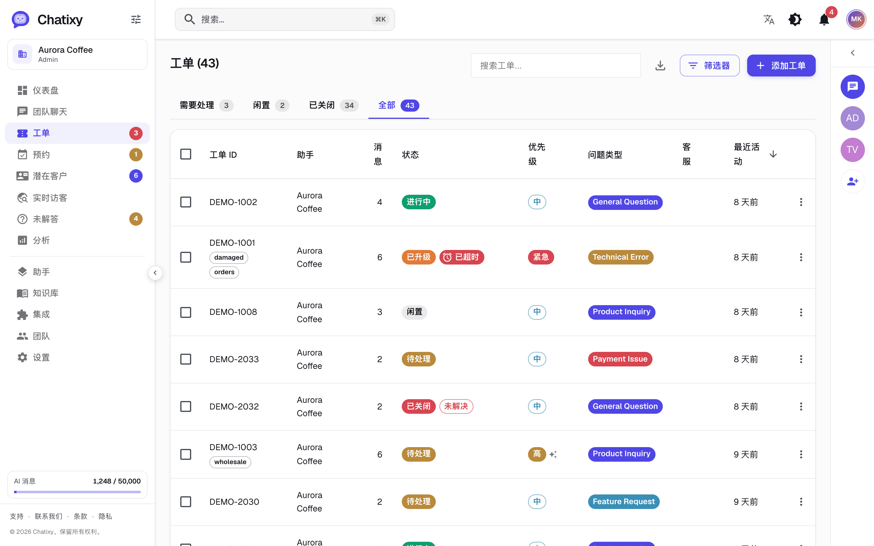 Chatixy收件箱显示带有状态、优先级和负责人的实时对话