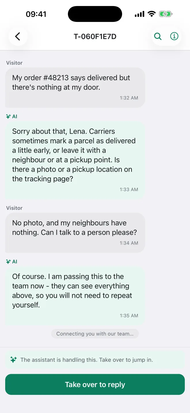 Chatixy en iPhone: un visitante pide hablar con una persona y tomar el control está a un toque